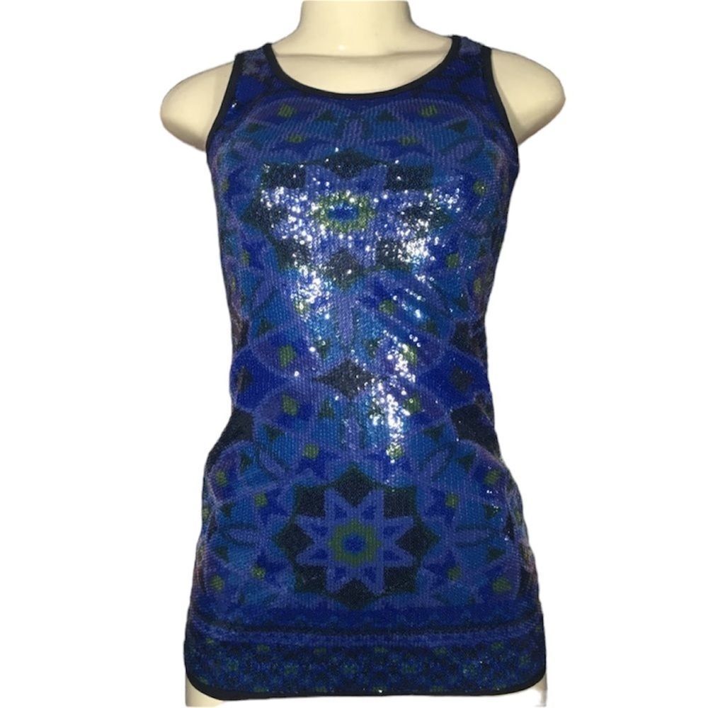 NICOLE MILLER BLUE TRIBAL SEQUINS TANK TOP SMALL